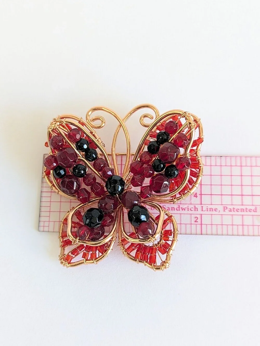 Vintage Wire Wrapped Butterfly Brooch Red Garnet Black Bead Art Glass Boho Pin